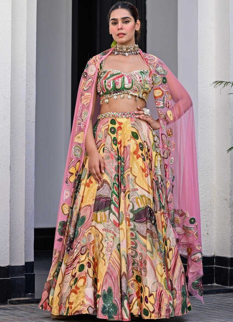 Yellow Printed Satin Lehenga Set With Embroidered Blouse Juhi Bengani - Fabilicious Fashion