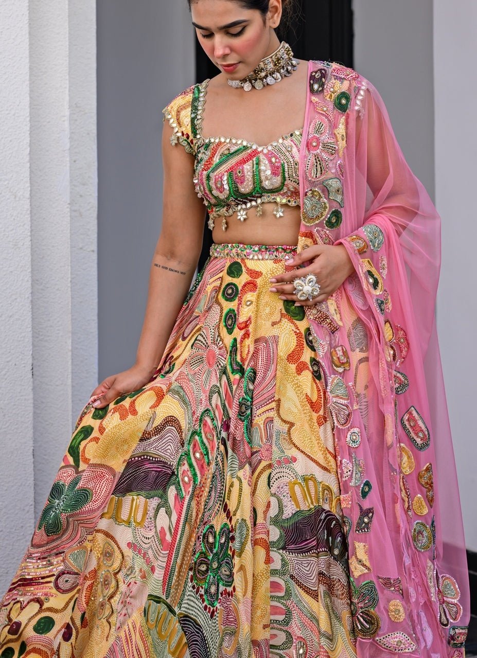 Yellow Printed Satin Lehenga Set With Embroidered Blouse Juhi Bengani - Fabilicious Fashion
