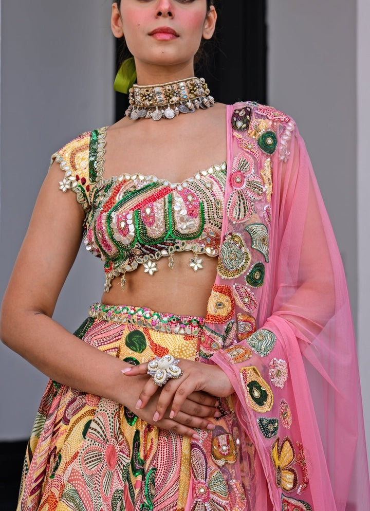 Yellow Printed Satin Lehenga Set With Embroidered Blouse Juhi Bengani - Fabilicious Fashion