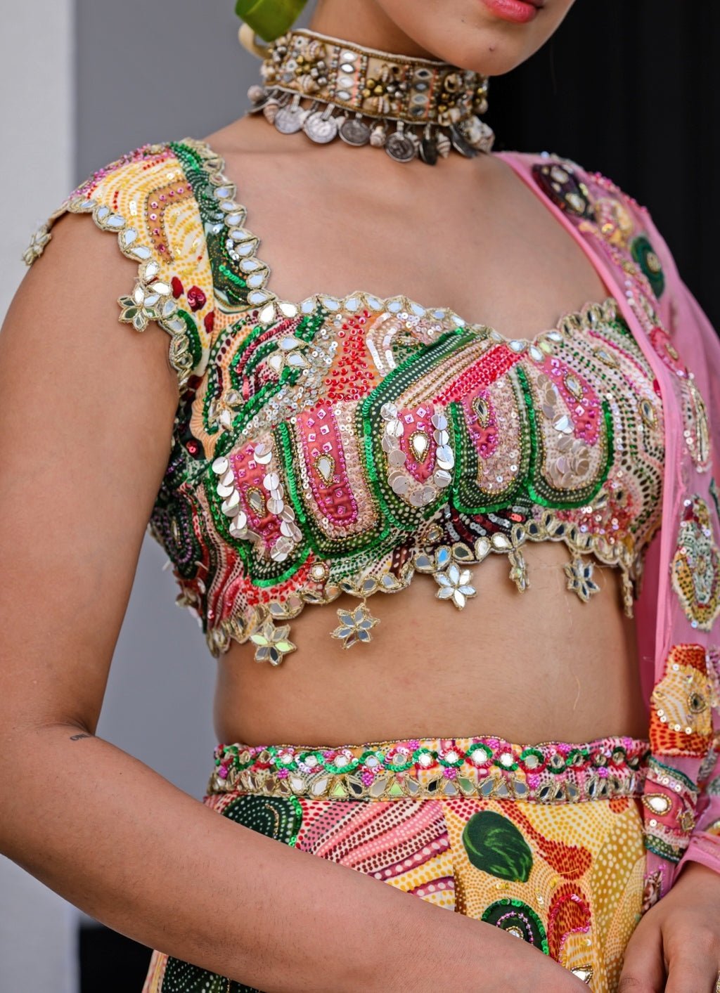 Yellow Printed Satin Lehenga Set With Embroidered Blouse Juhi Bengani - Fabilicious Fashion