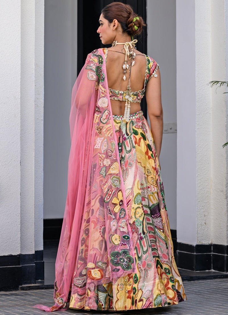 Yellow Printed Satin Lehenga Set With Embroidered Blouse Juhi Bengani - Fabilicious Fashion