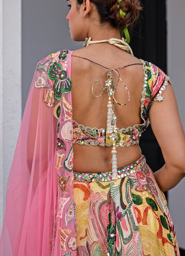 Yellow Printed Satin Lehenga Set With Embroidered Blouse Juhi Bengani - Fabilicious Fashion