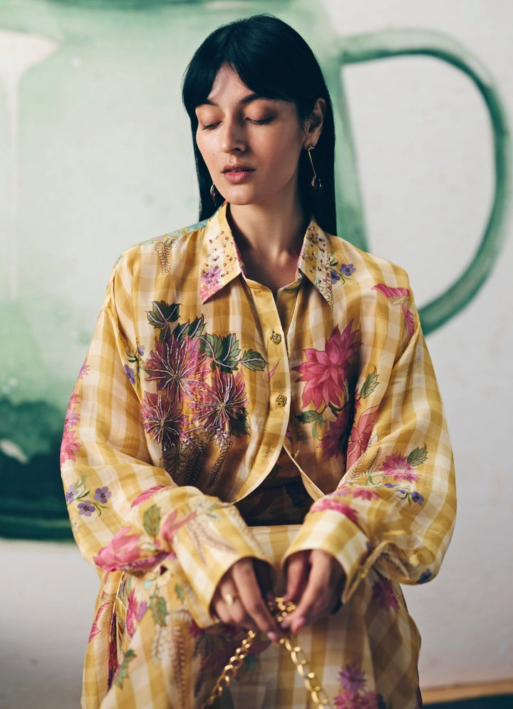 Yellow Printed Silk Blend Skirt Set Paulmi and Harsh X Ease - Fabilicious Fashion