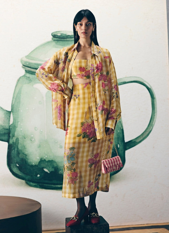 Yellow Printed Silk Blend Skirt Set Paulmi and Harsh X Ease - Fabilicious Fashion