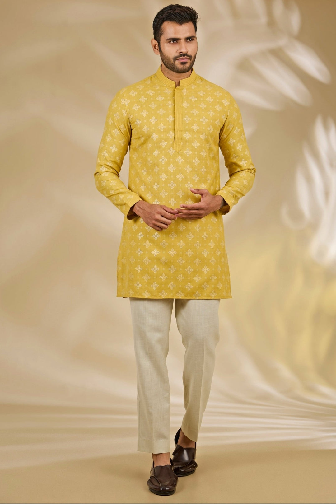 Manish Nagdeo Men Yellow Printed Silk Bundi SetFabilicious Fashion