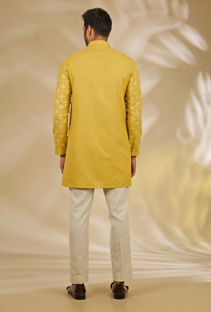 Manish Nagdeo Men Yellow Printed Silk Bundi SetFabilicious Fashion