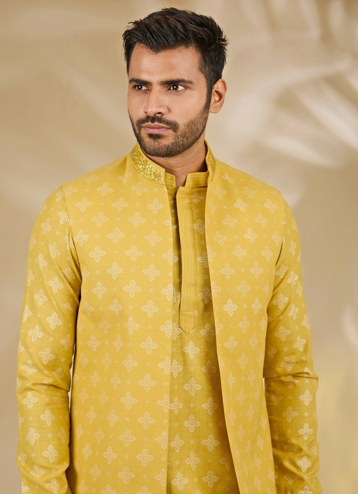Manish Nagdeo Men Yellow Printed Silk Bundi SetFabilicious Fashion