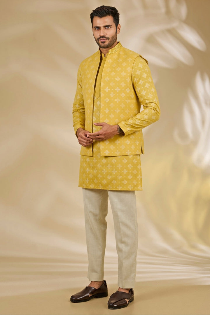 Manish Nagdeo Men Yellow Printed Silk Bundi SetFabilicious Fashion