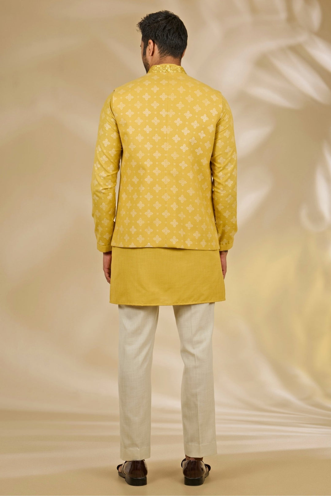 Manish Nagdeo Men Yellow Printed Silk Bundi SetFabilicious Fashion