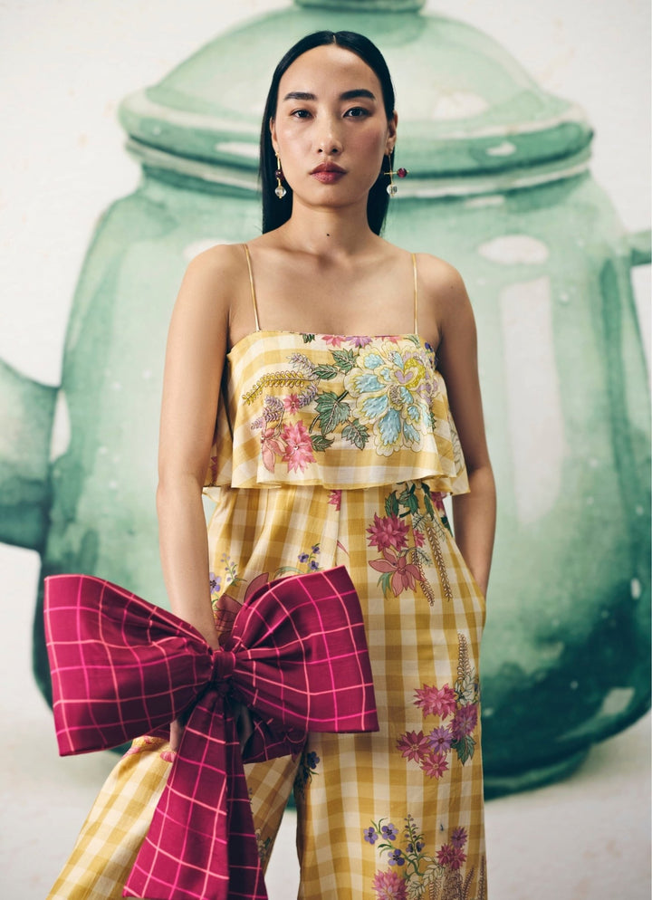 Yellow Printed Silk Jumpsuit Paulmi and Harsh X Ease - Fabilicious Fashion