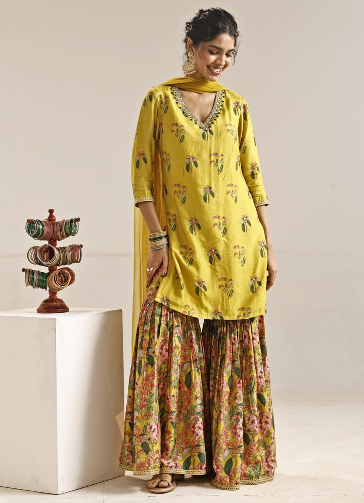 Yellow Printed Silk Kurta Sharara Set With Cape Soup by Sougat Paul - Fabilicious Fashion