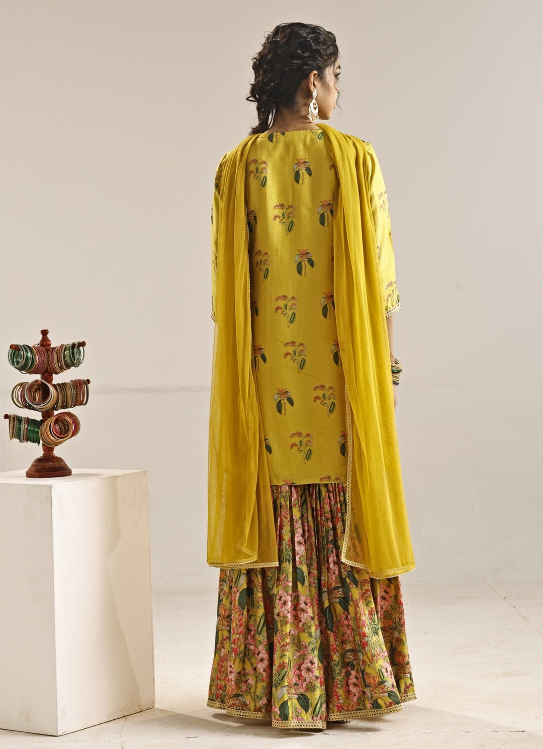 Yellow Printed Silk Kurta Sharara Set With Cape Soup by Sougat Paul - Fabilicious Fashion