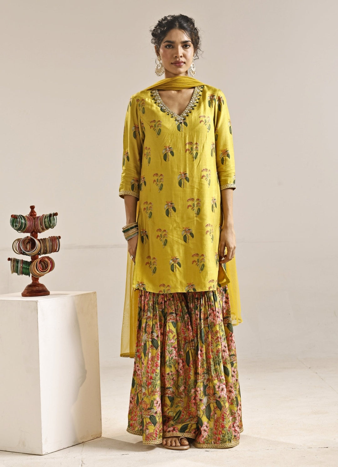 Yellow Printed Silk Kurta Sharara Set With Cape Soup by Sougat Paul - Fabilicious Fashion