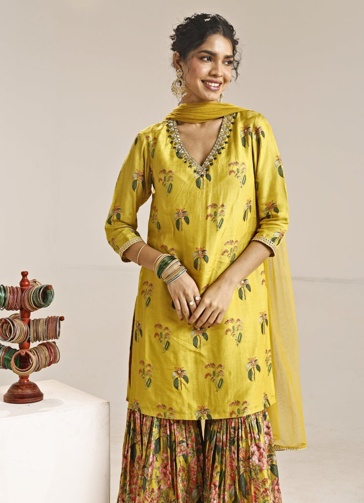 Yellow Printed Silk Kurta Sharara Set With Cape Soup by Sougat Paul - Fabilicious Fashion