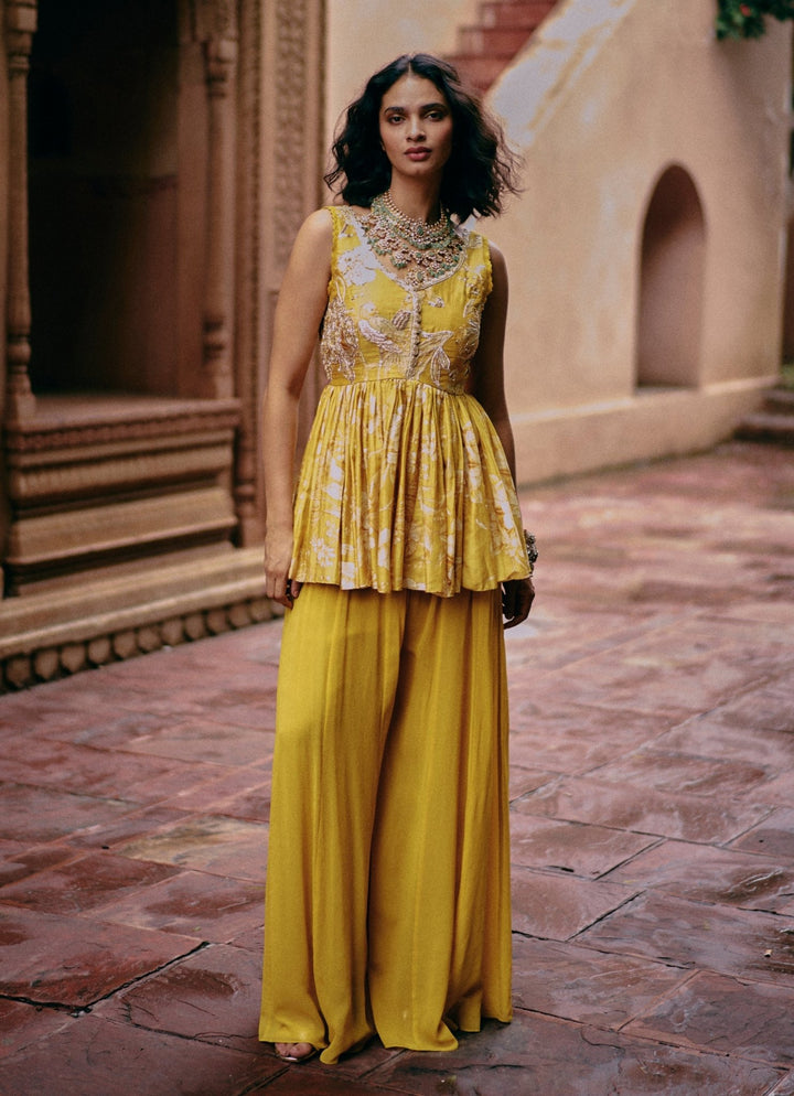 Yellow Printed Silk Peplum Kurta Palazzo Set Paulmi and Harsh - Fabilicious Fashion