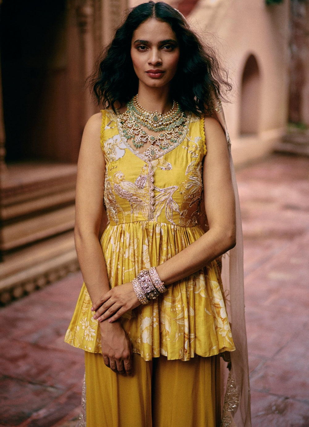 Yellow Printed Silk Peplum Kurta Palazzo Set Paulmi and Harsh - Fabilicious Fashion