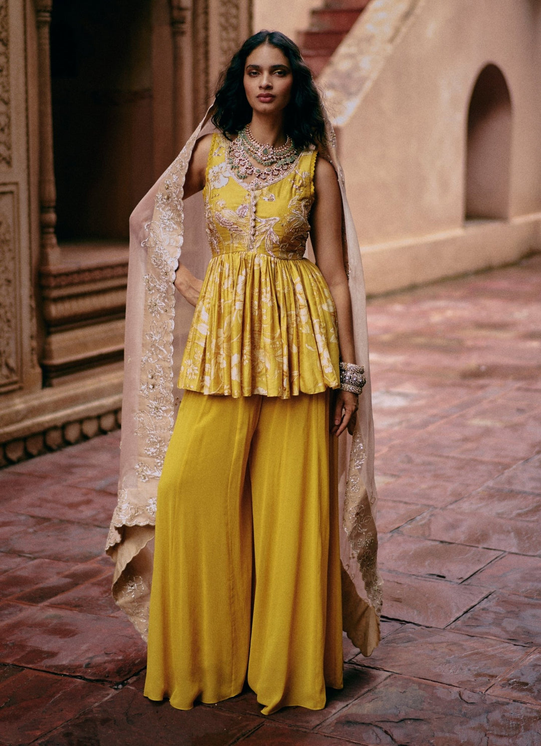 Yellow Printed Silk Peplum Kurta Palazzo Set Paulmi and Harsh - Fabilicious Fashion