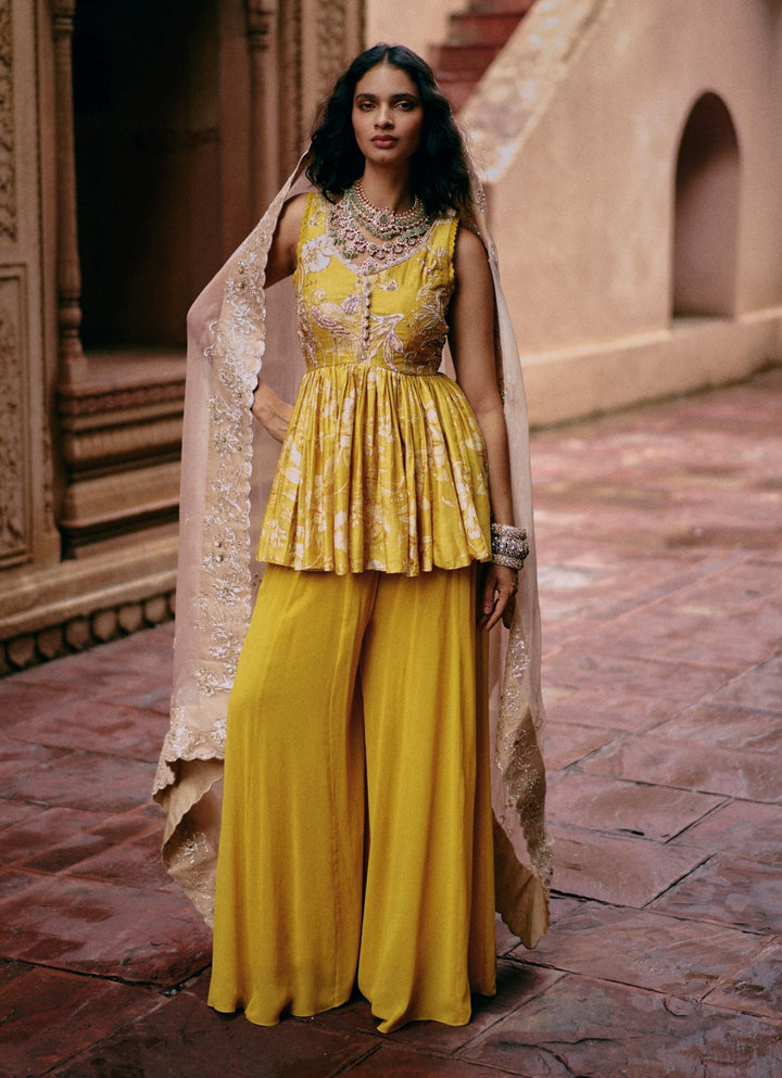 Yellow Printed Silk Peplum Kurta Palazzo Set Paulmi and Harsh - Fabilicious Fashion