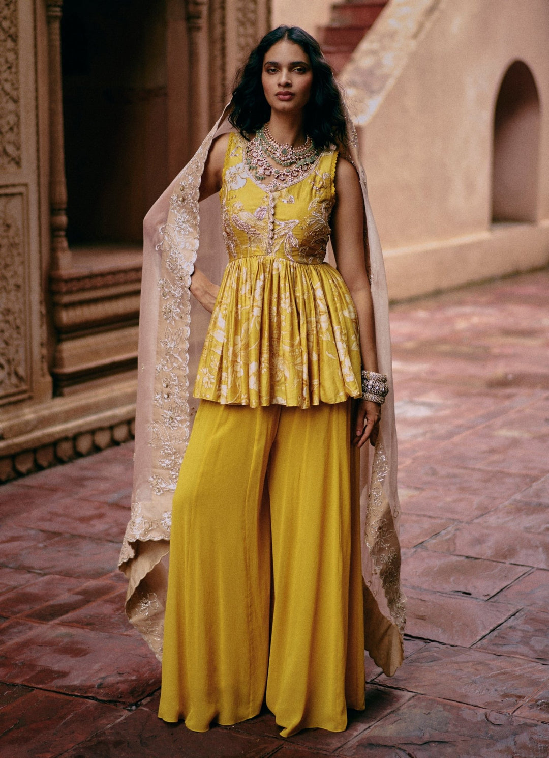 Yellow Printed Silk Peplum Kurta Palazzo Set Paulmi and Harsh - Fabilicious Fashion