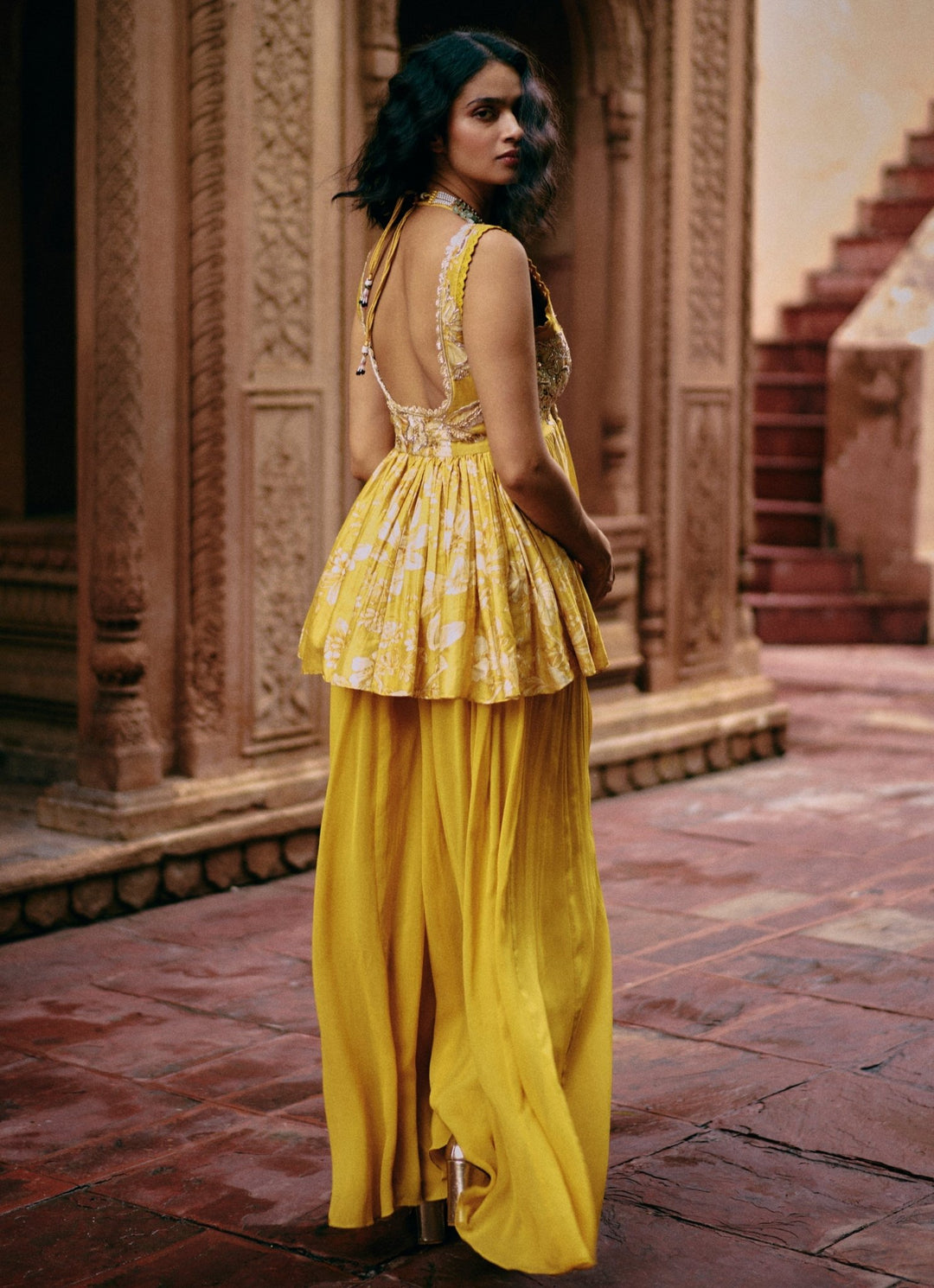 Yellow Printed Silk Peplum Kurta Palazzo Set Paulmi and Harsh - Fabilicious Fashion