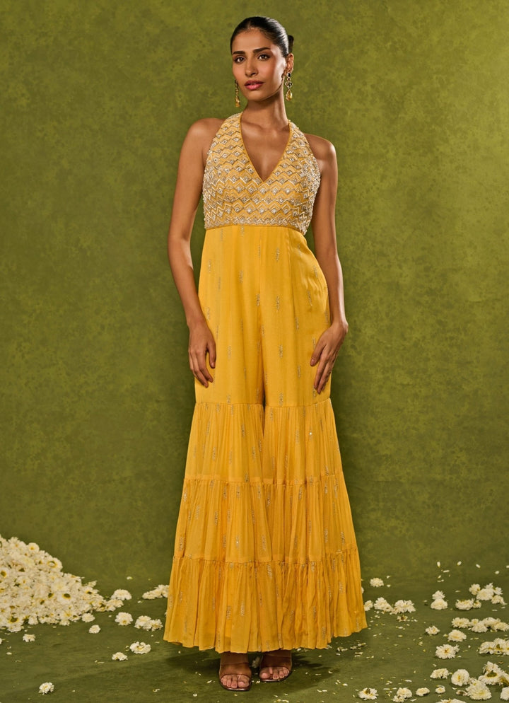 Yellow Raw Silk Jumpsuit Chamee and Palak - Fabilicious Fashion