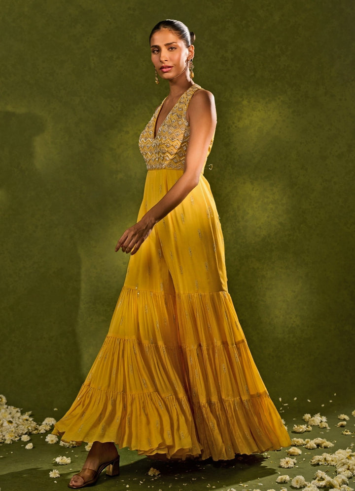 Yellow Raw Silk Jumpsuit Chamee and Palak - Fabilicious Fashion