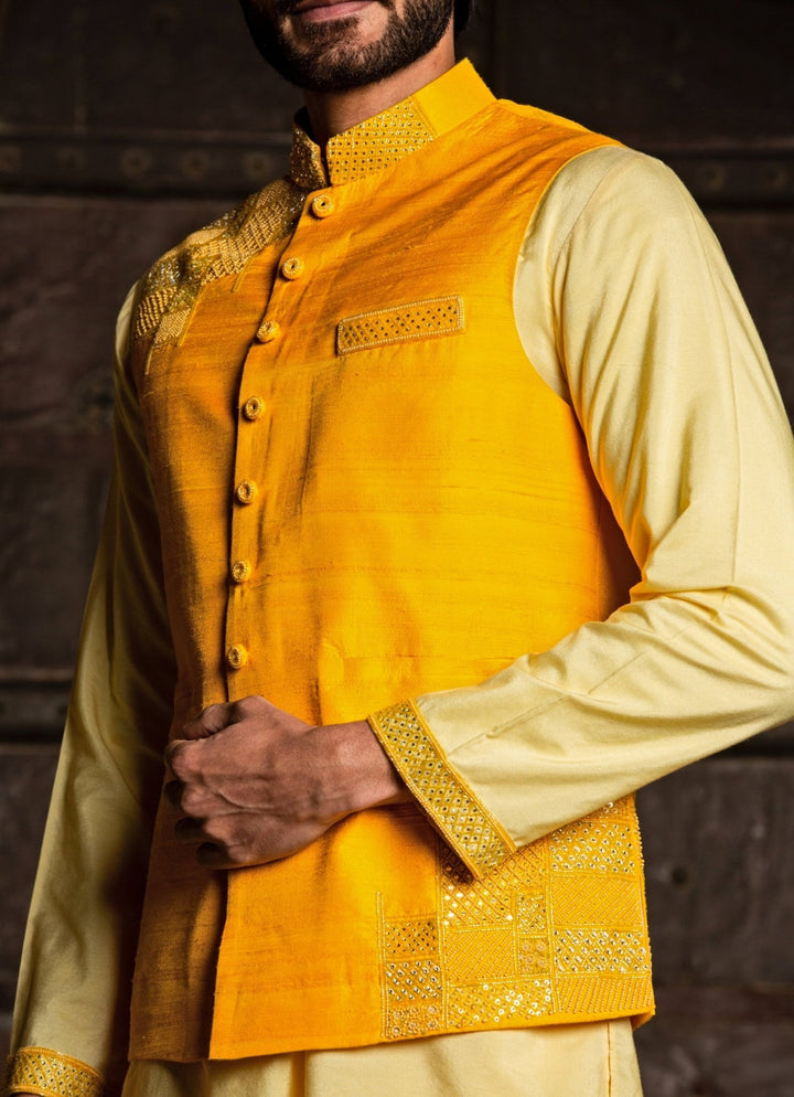 Yellow Raw Silk Nehru Jacket with Lemon Kurta Set Nitika Gujral - Men - Fabilicious Fashion