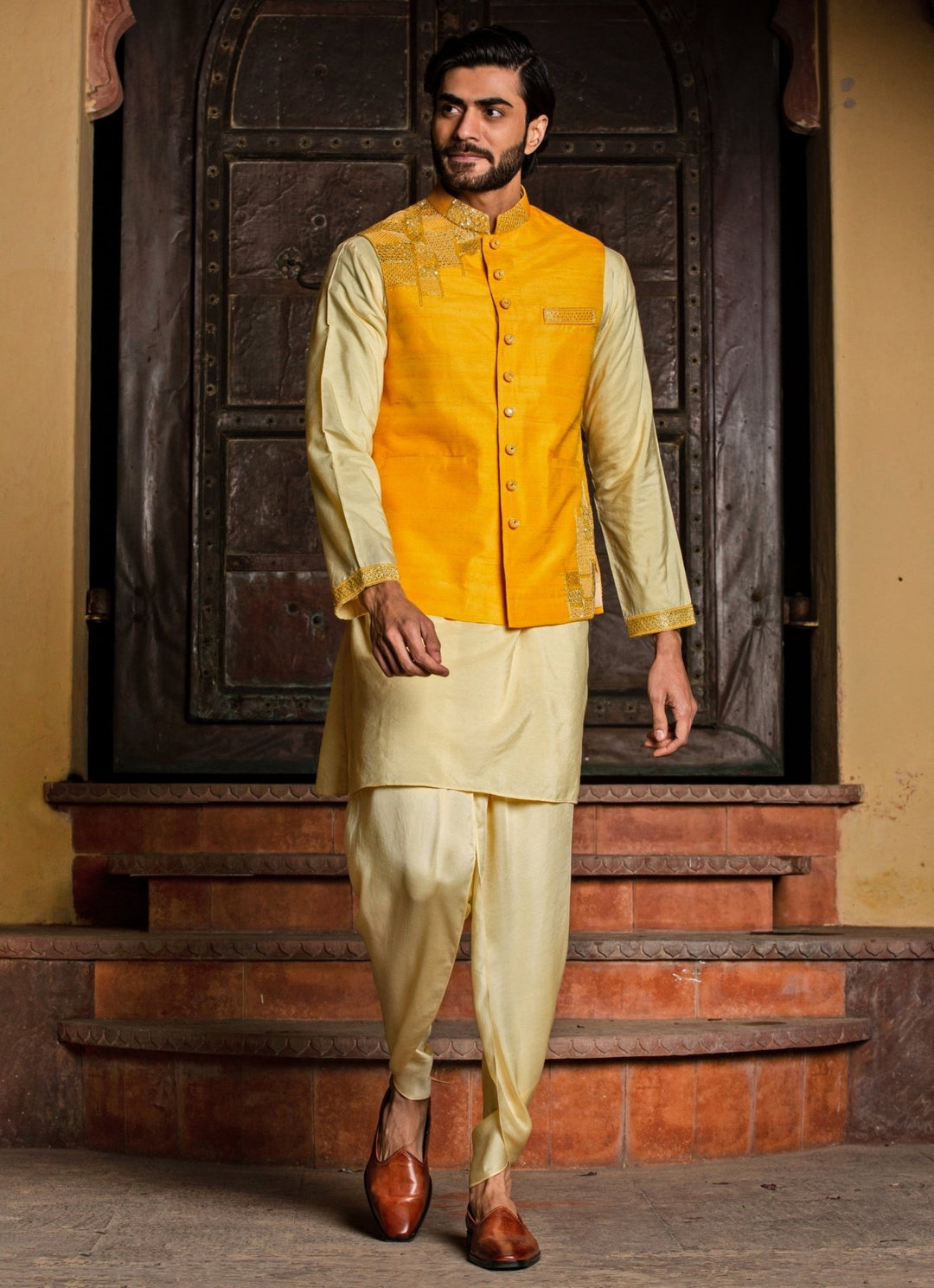 Yellow Raw Silk Nehru Jacket with Lemon Kurta Set Nitika Gujral - Men - Fabilicious Fashion
