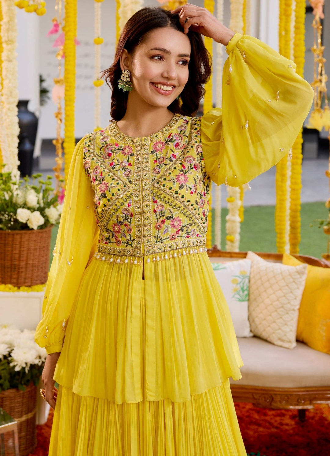 Yellow Resham Embroidered Georgette Kurta Lehenga Set Sanya Gulati - Fabilicious Fashion