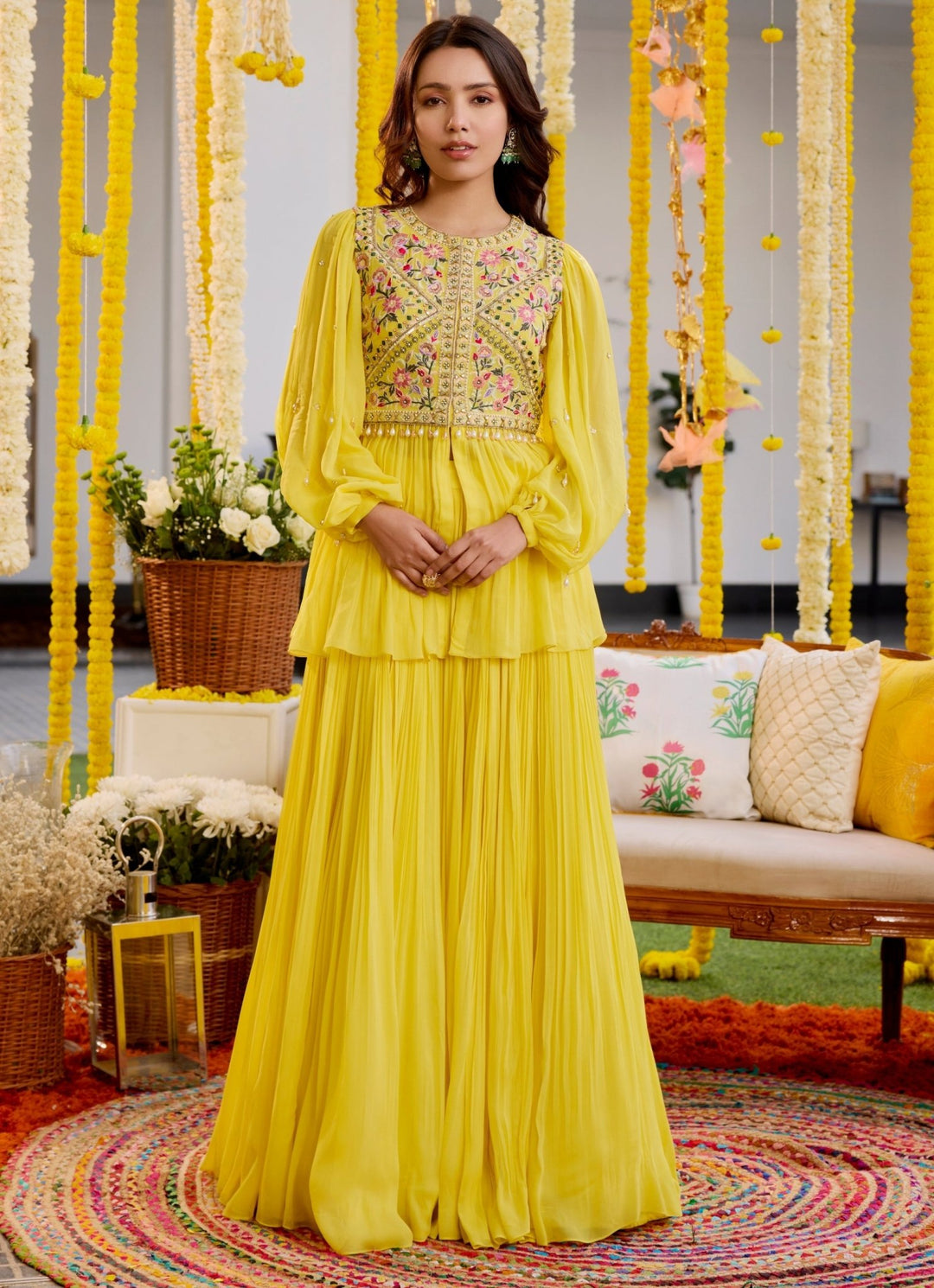 Yellow Resham Embroidered Georgette Kurta Lehenga Set Sanya Gulati - Fabilicious Fashion