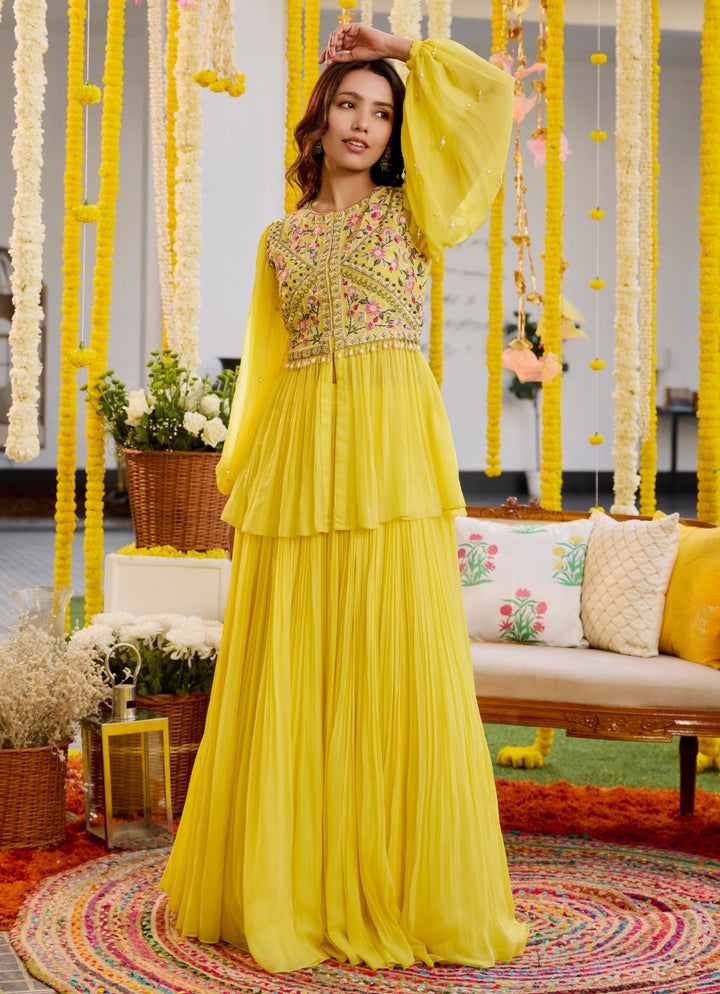 Yellow Resham Embroidered Georgette Kurta Lehenga Set Sanya Gulati - Fabilicious Fashion
