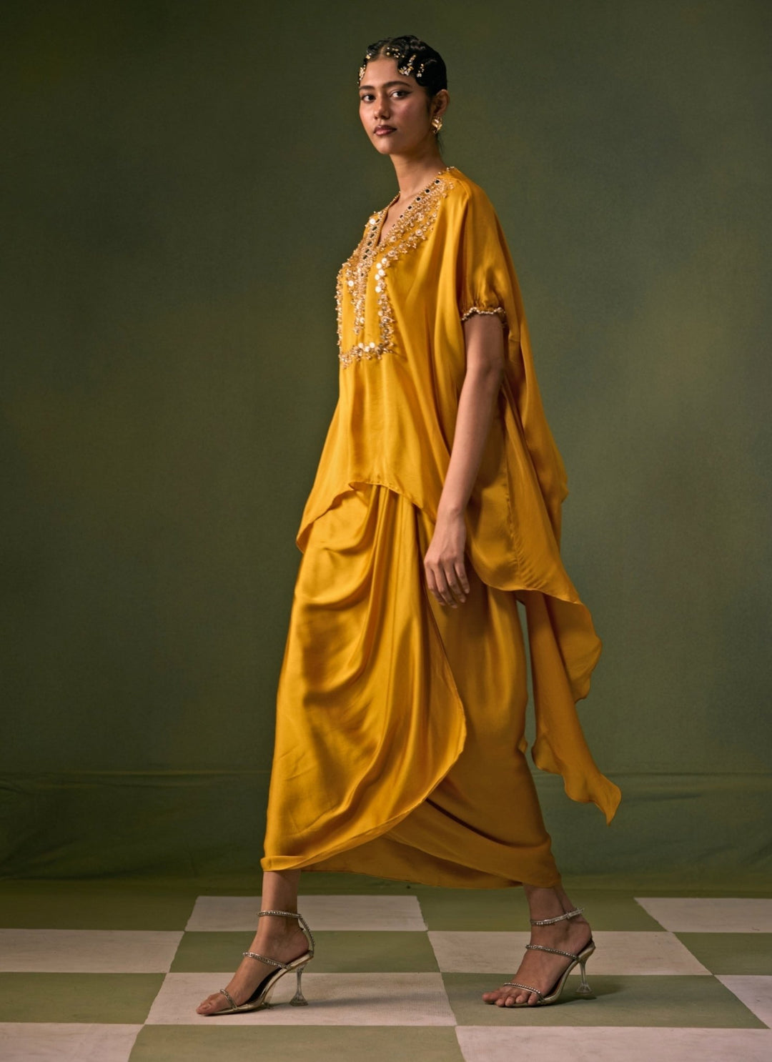 Prahnaaya Yellow Satin Asymmetric Top With Drape Skirt SetFabilicious Fashion