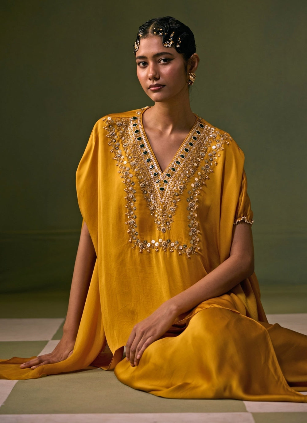 Prahnaaya Yellow Satin Asymmetric Top With Drape Skirt SetFabilicious Fashion