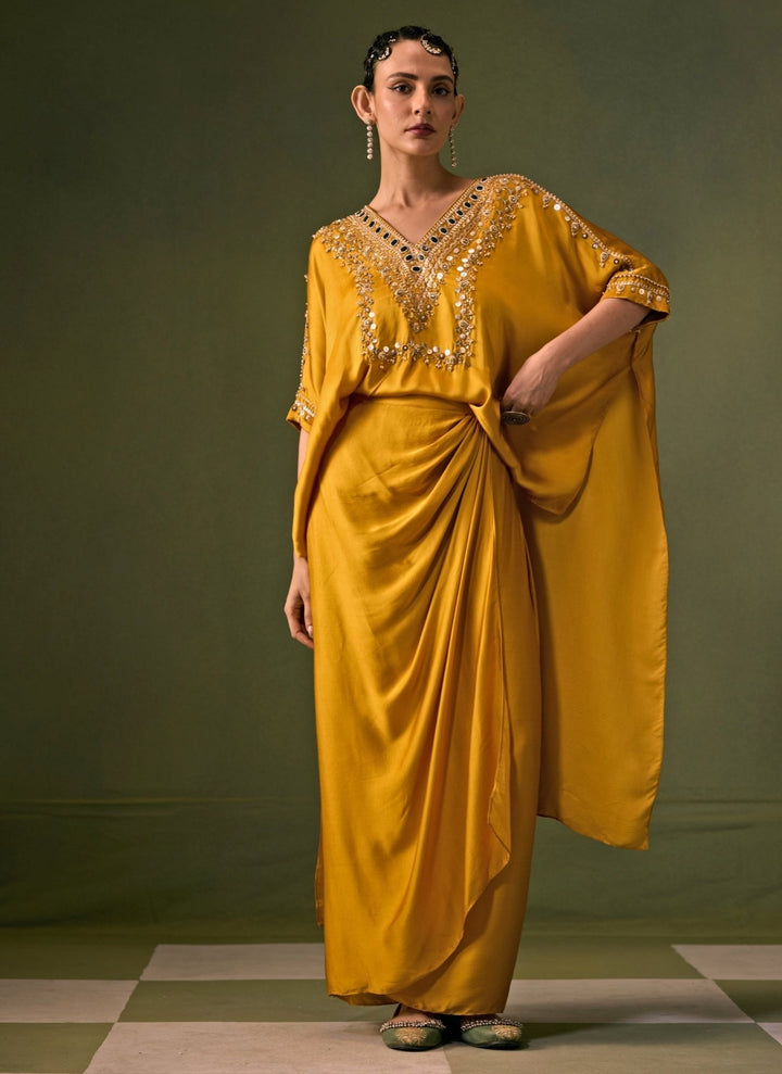 Prahnaaya Yellow Satin Drape Skirt SetFabilicious Fashion