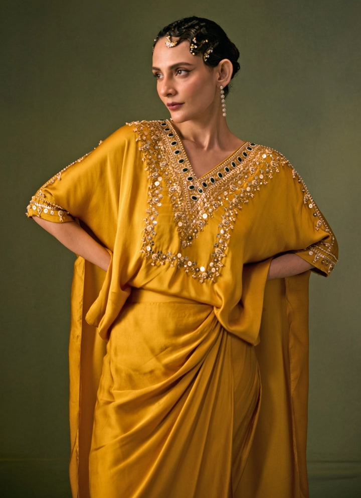 Prahnaaya Yellow Satin Drape Skirt SetFabilicious Fashion