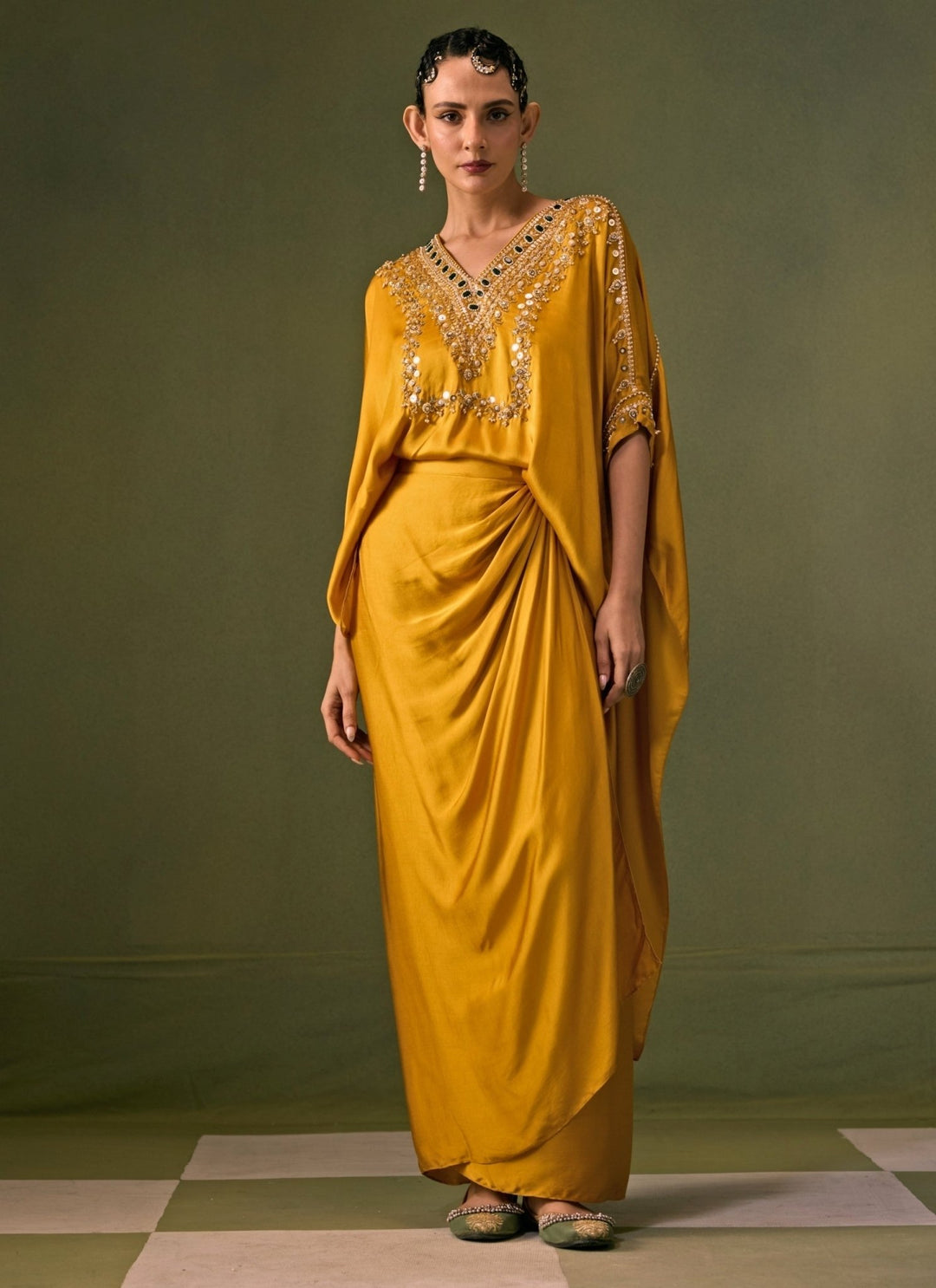 Prahnaaya Yellow Satin Drape Skirt SetFabilicious Fashion