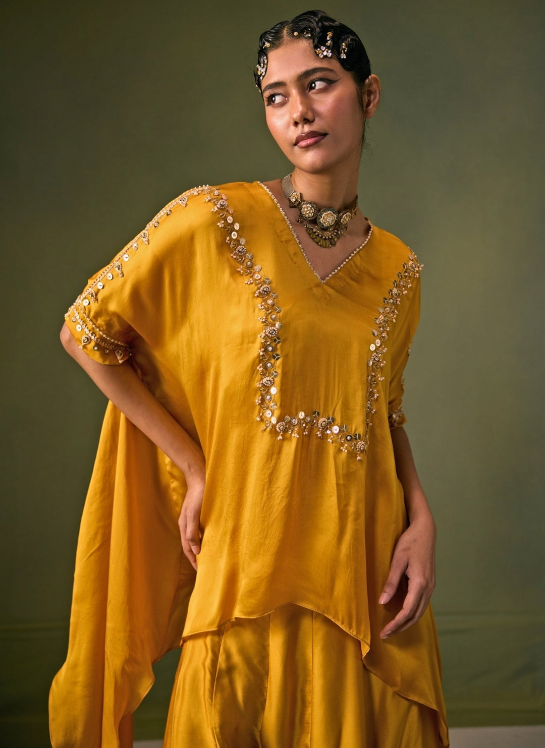 Prahnaaya Yellow Satin Flared Pants Set With Asymmetric TopFabilicious Fashion