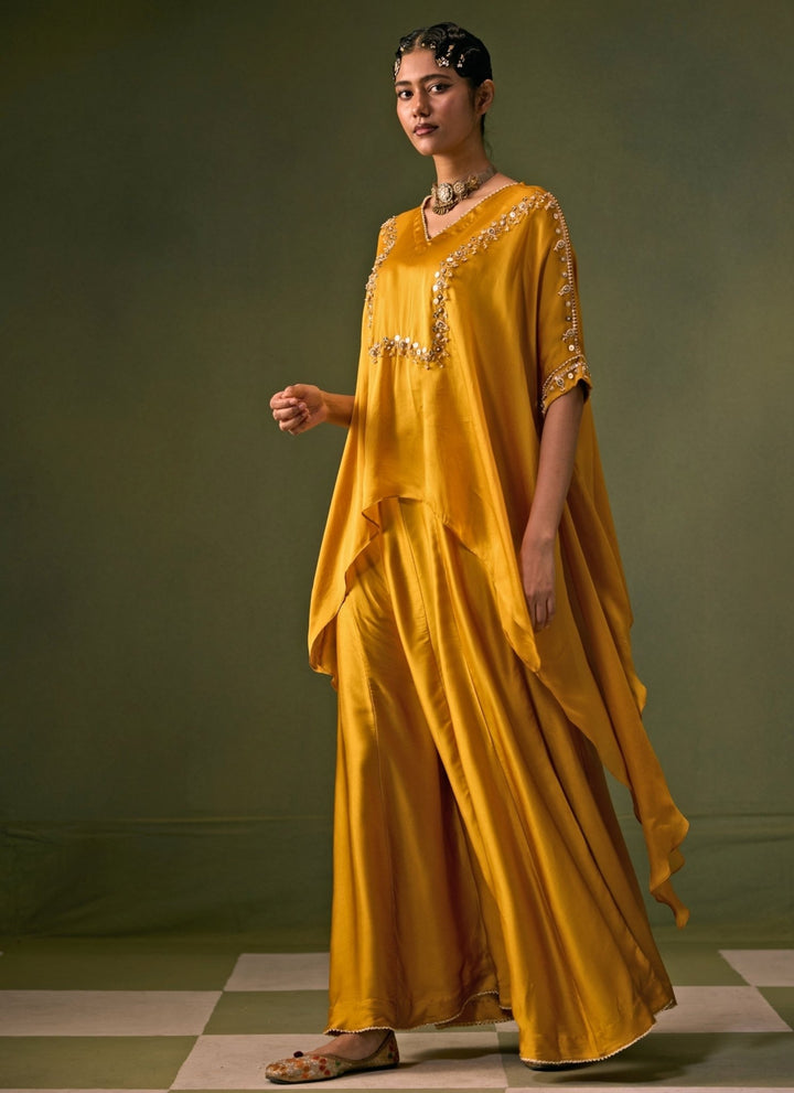 Prahnaaya Yellow Satin Flared Pants Set With Asymmetric TopFabilicious Fashion