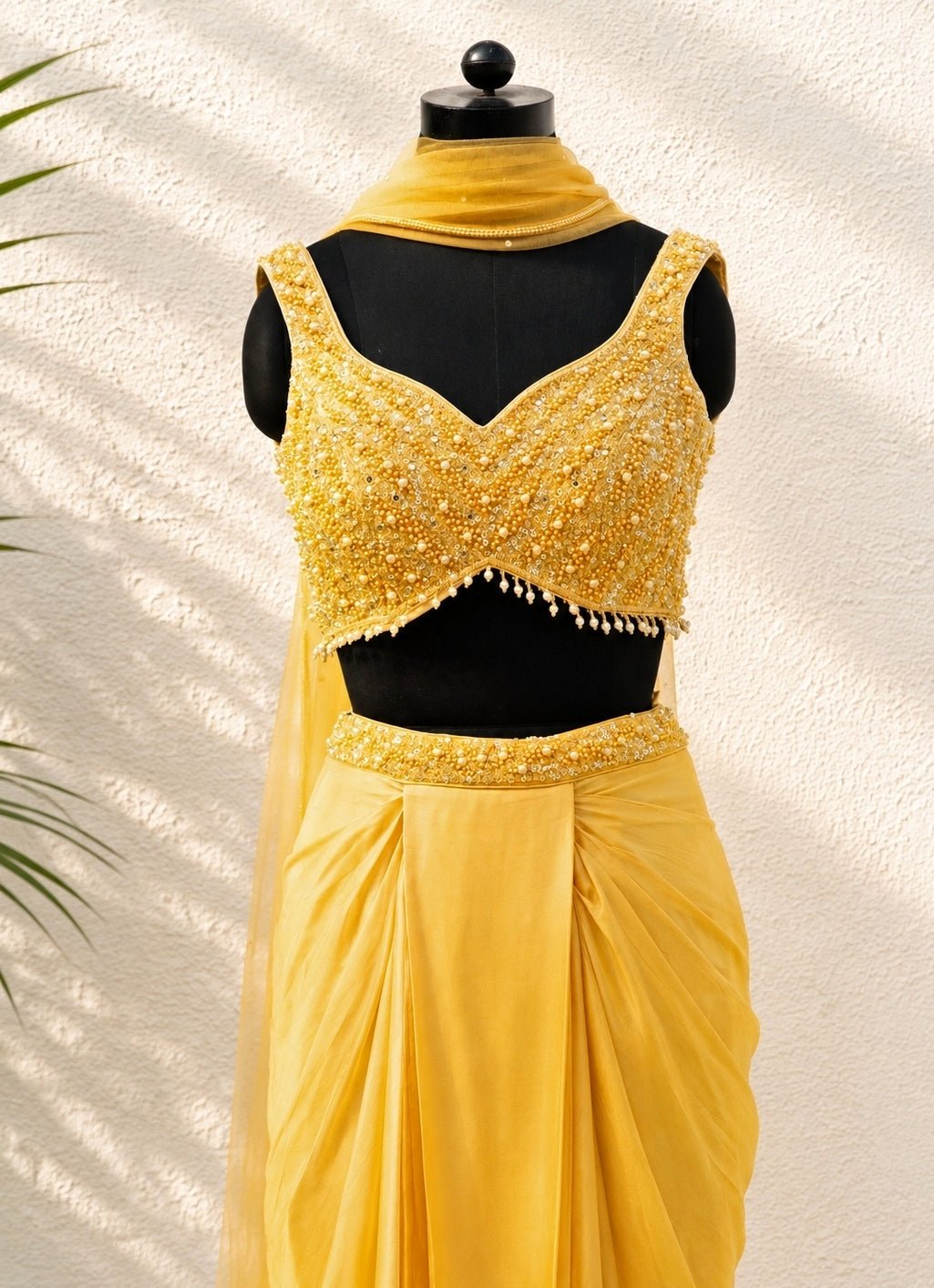 Yellow Satin Georgette Drape Skirt Set Anisha Shetty - Fabilicious Fashion