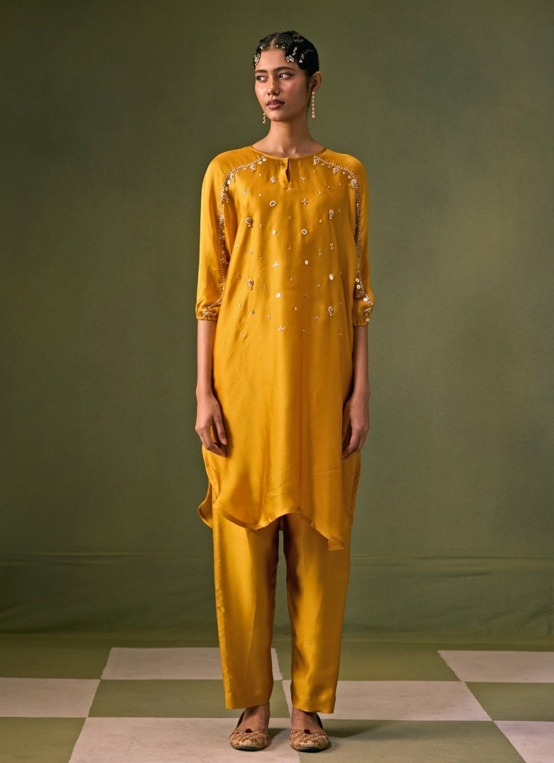 Prahnaaya Yellow Satin Kurta Pants SetFabilicious Fashion