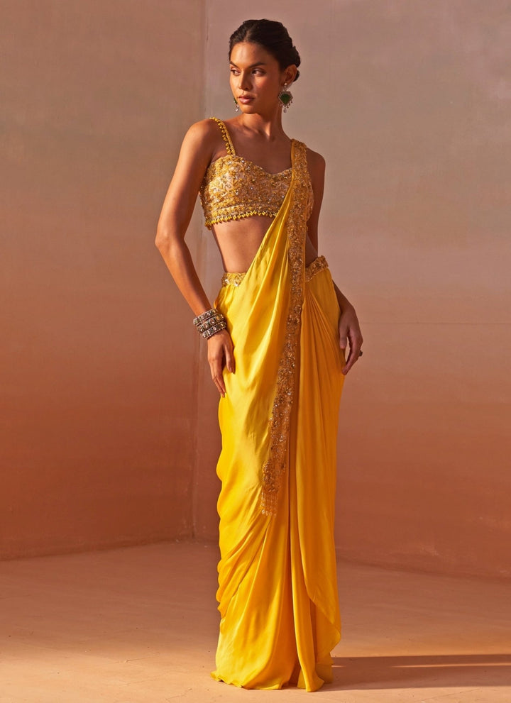 Nitika Gujral Yellow Satin Pre Draped SareeFabilicious Fashion