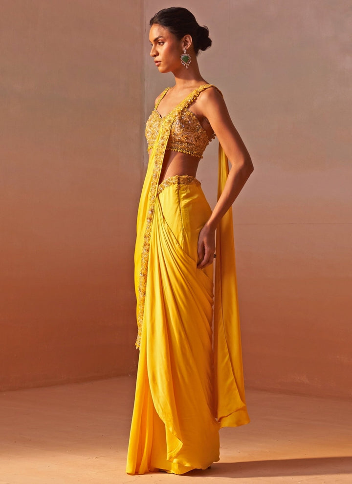 Nitika Gujral Yellow Satin Pre Draped SareeFabilicious Fashion