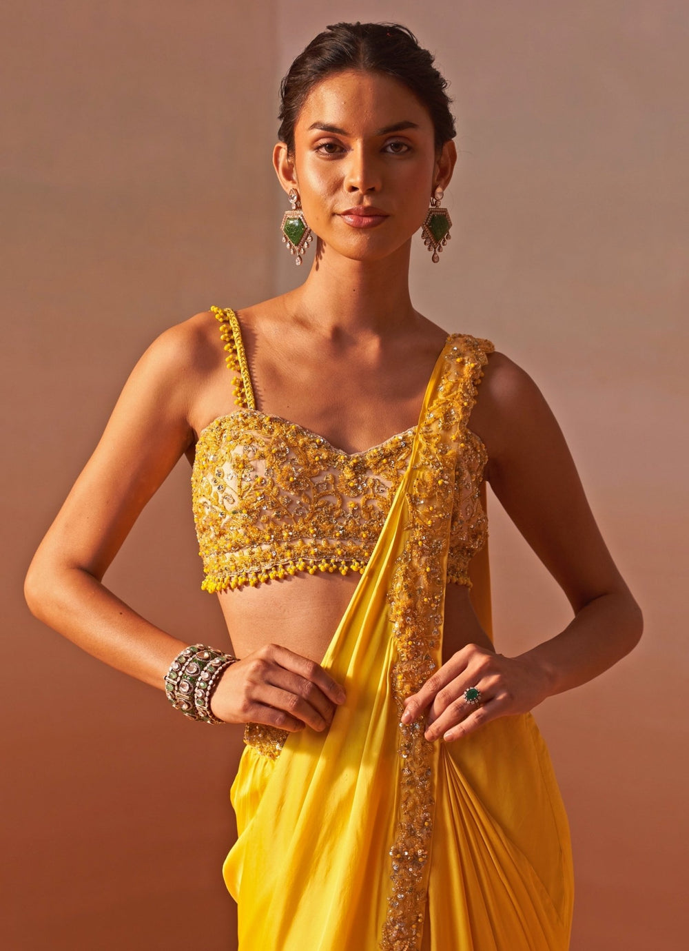 Nitika Gujral Yellow Satin Pre Draped SareeFabilicious Fashion