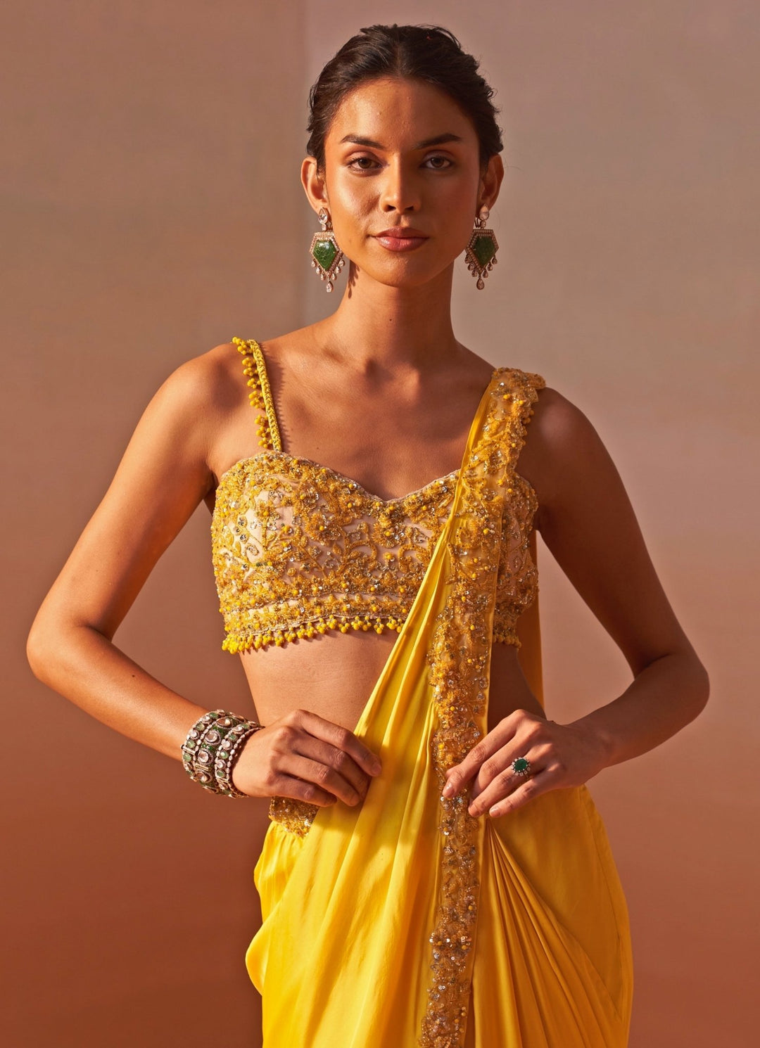 Nitika Gujral Yellow Satin Pre Draped SareeFabilicious Fashion