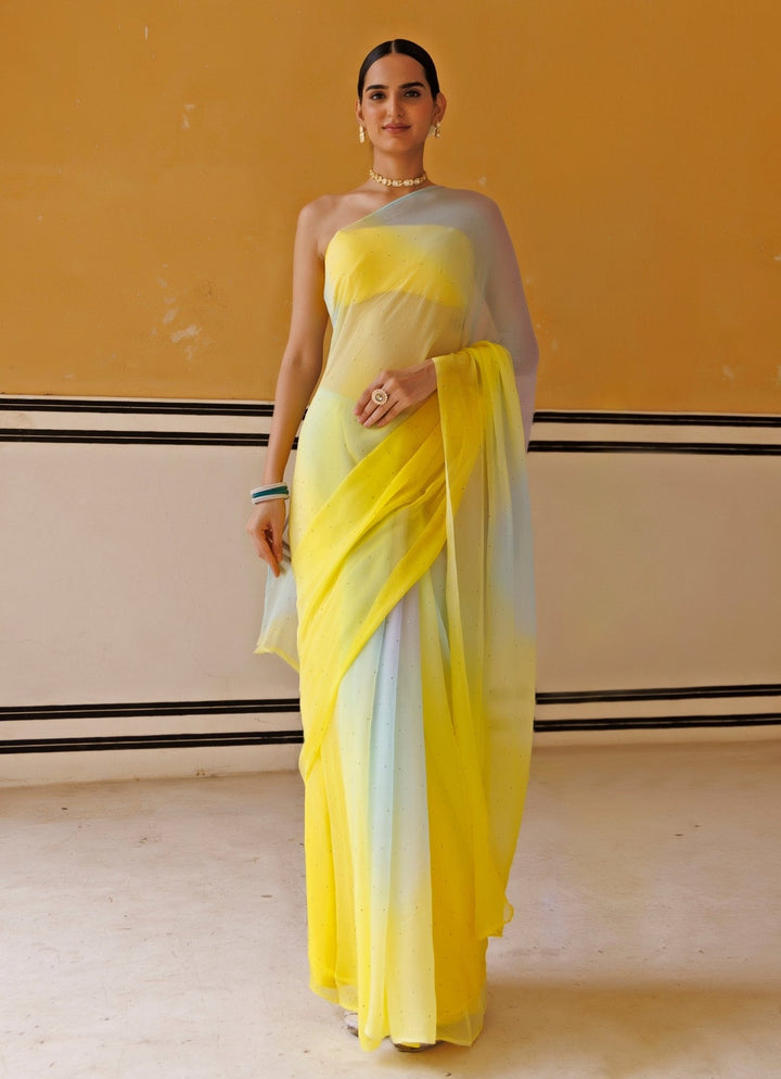 Yellow Shaded Chiffon Pre - Draped Saree Set Geroo Jaipur - Fabilicious Fashion
