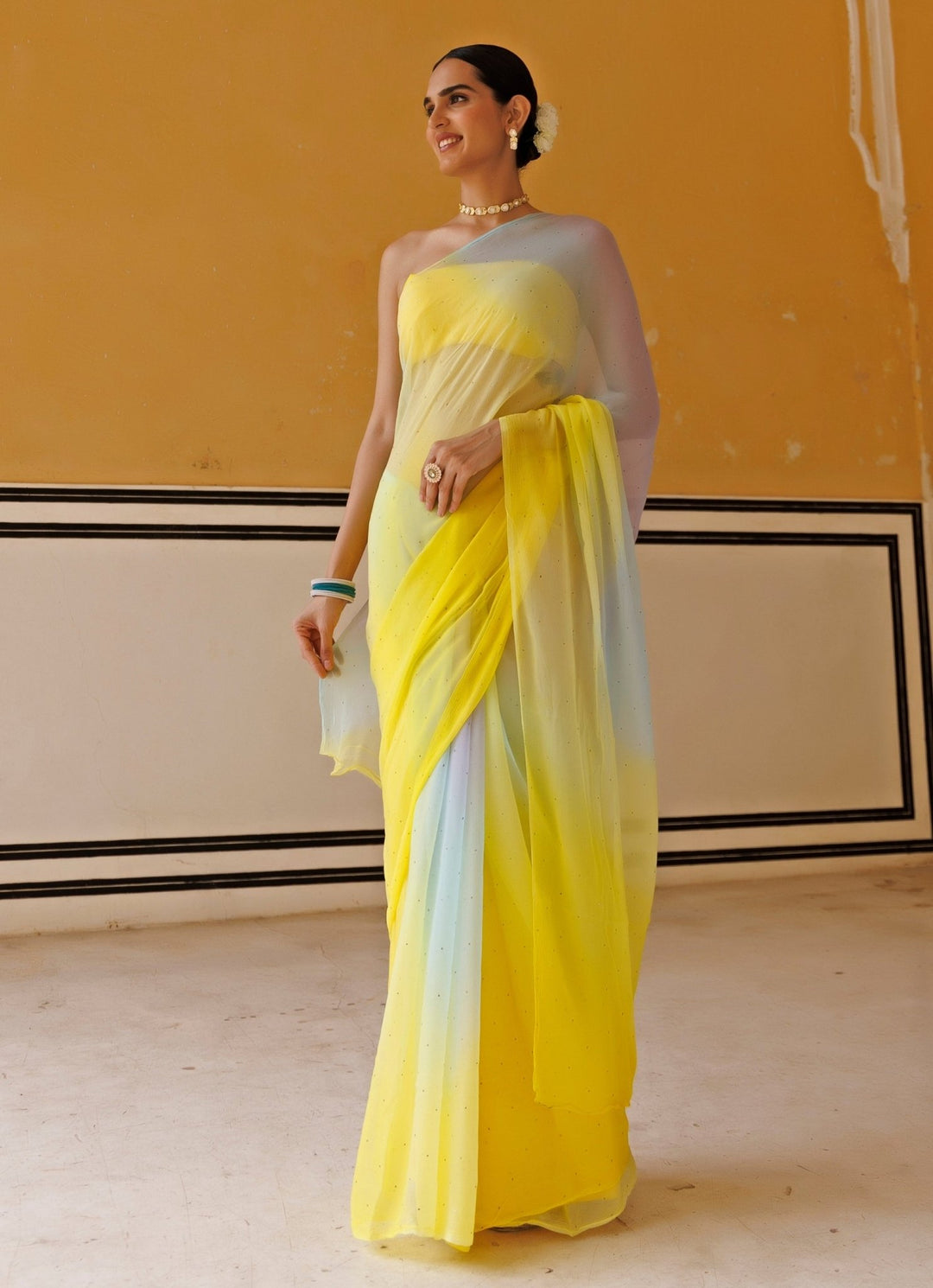 Yellow Shaded Chiffon Pre - Draped Saree Set Geroo Jaipur - Fabilicious Fashion