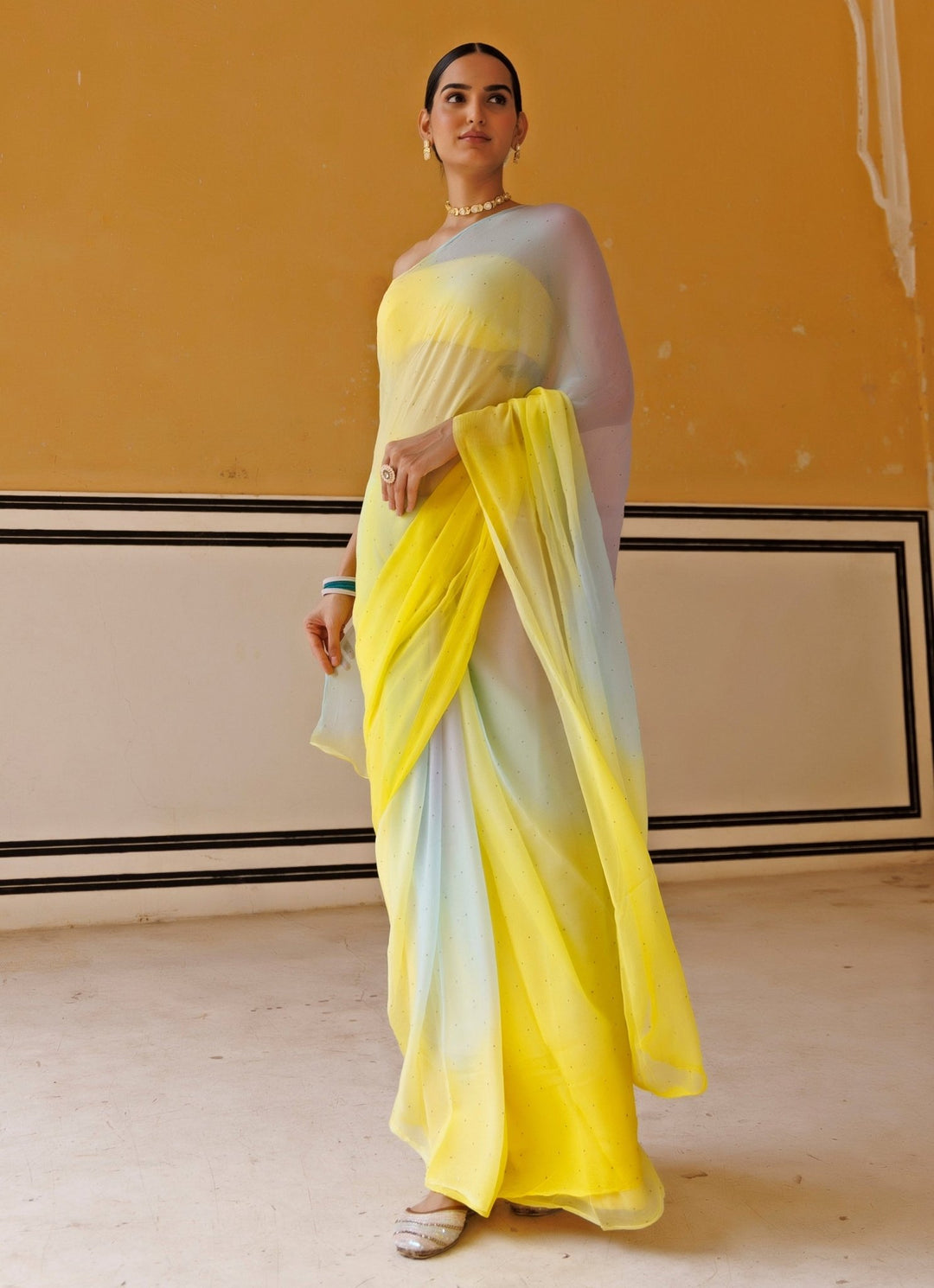 Yellow Shaded Chiffon Pre - Draped Saree Set Geroo Jaipur - Fabilicious Fashion