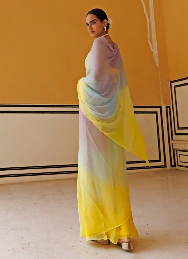 Yellow Shaded Chiffon Pre - Draped Saree Set Geroo Jaipur - Fabilicious Fashion