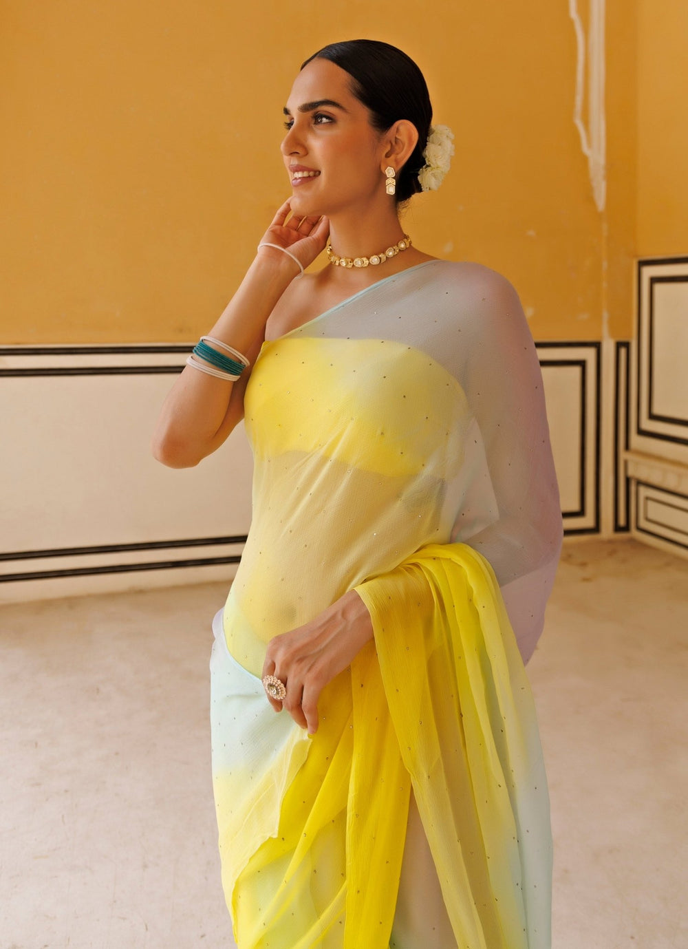 Yellow Shaded Chiffon Pre - Draped Saree Set Geroo Jaipur - Fabilicious Fashion
