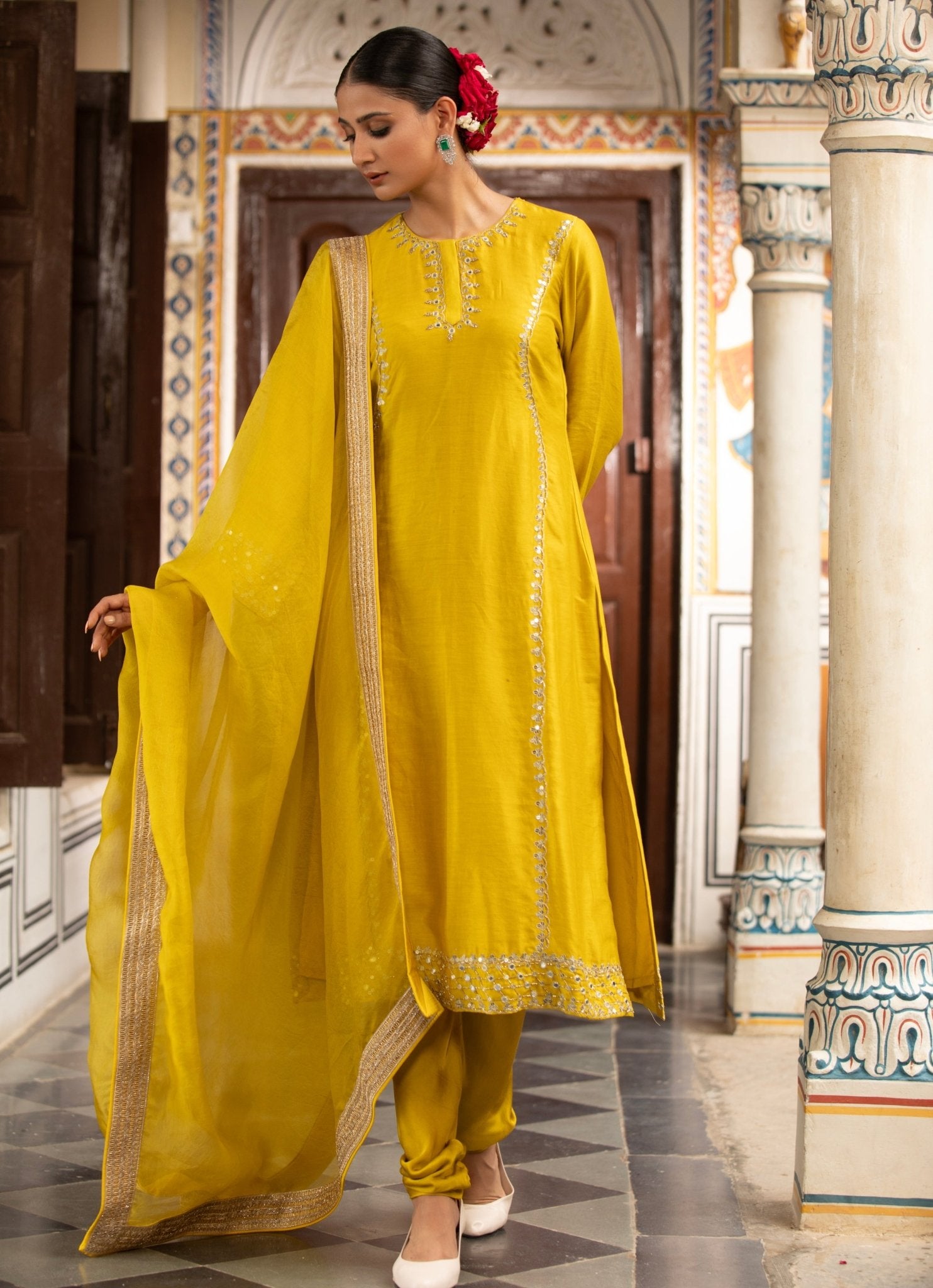 Yellow Silk Chanderi Kurta Churidar Set